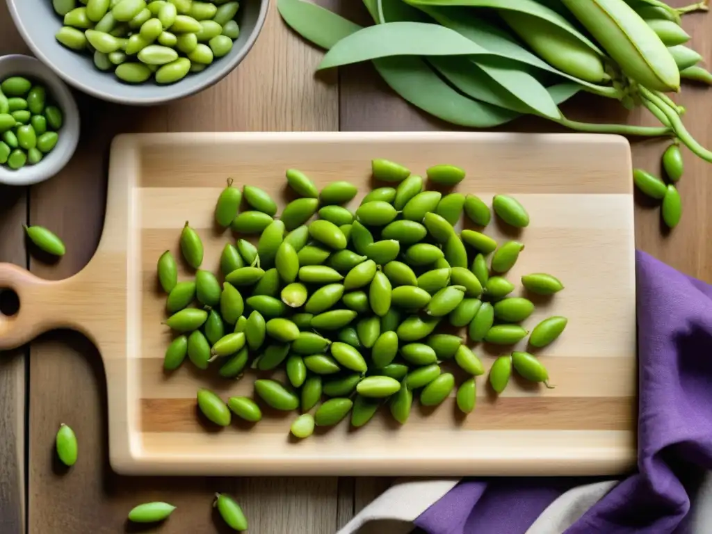 Tabla de cortar de madera con edamame fresco Propiedades curativas del edamame en una imagen de tabla de cortar y cocina rústica con edamame fresco y vibrante