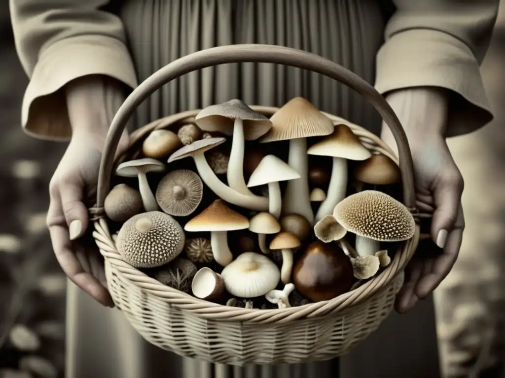 Medicinales setas en cesta vintage Foto vintage de persona sosteniendo canasta de hongos medicinales con propiedades curativas