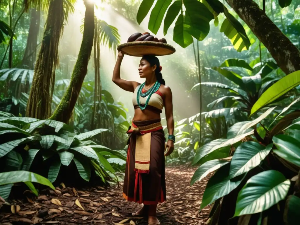 Mujer maya cosechando cacao en selva tropical Tradición maya: cosecha de cacao y beneficios del cacao caliente para el estado de ánimo