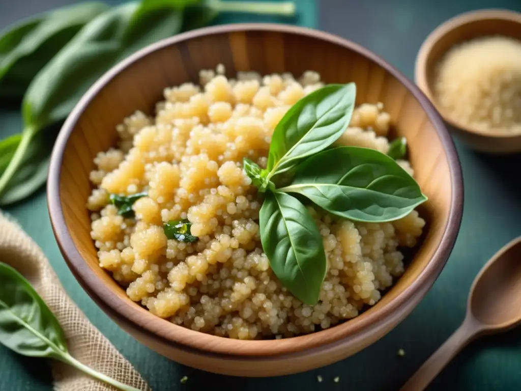 Bowl de quinoa fresca con ingredientes saludables Beneficios y usos de la quinoa: una imagen vintage muestra un tazón de quinoa cocida rodeado de ingredientes saludables