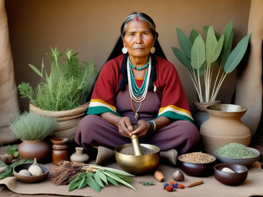 Sanadora indígena rodeada de plantas medicinales Sanadora indígena rodeada de plantas medicinales y herramientas tradicionales - Beneficios de la alimentación indígena