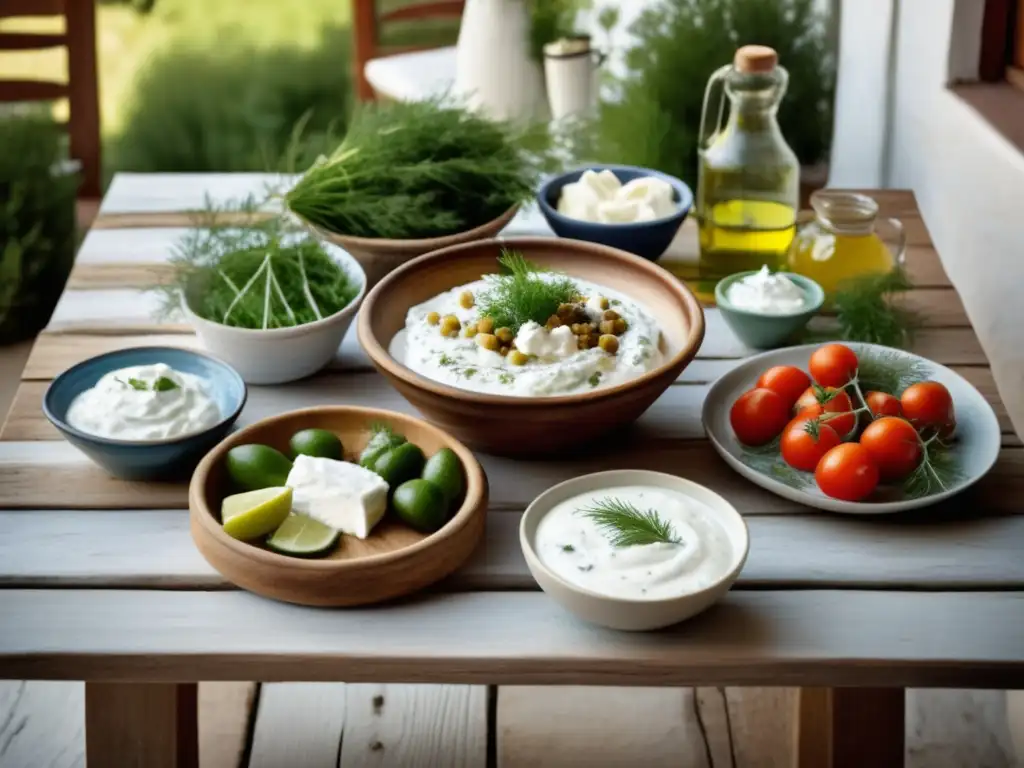 Delicioso tzatziki griego en un patio pintoresco Mesa de madera rústica con platos griegos tradicionales: tzatziki, pepino, tomates, aceitunas y pan pita