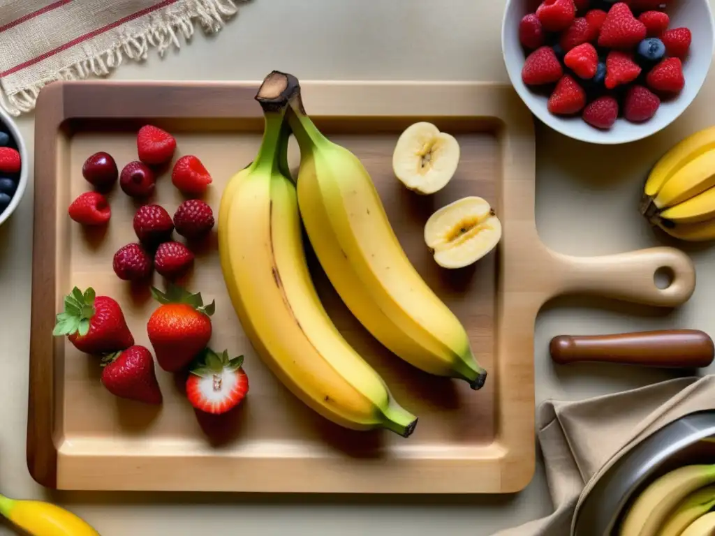 Deliciosa y nostálgica cocina vintage Cocina vintage con tabla de cortar, plátanos maduros, bayas rojas y batidora vintage
