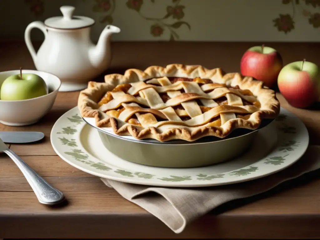 Deliciosa tarta de manzana en mesa rústica Mesa rústica con tarta de manzana recién horneada y decorada, evocando la calidez y confort de recetas de postres curativos tradicionales