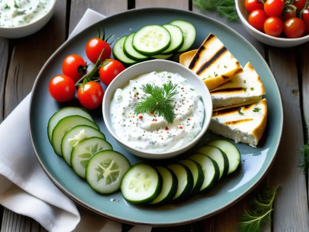 Mesa rústica con tzatziki y decoración griega Tzatziki Griego: Delicias auténticas con beneficios y propiedades