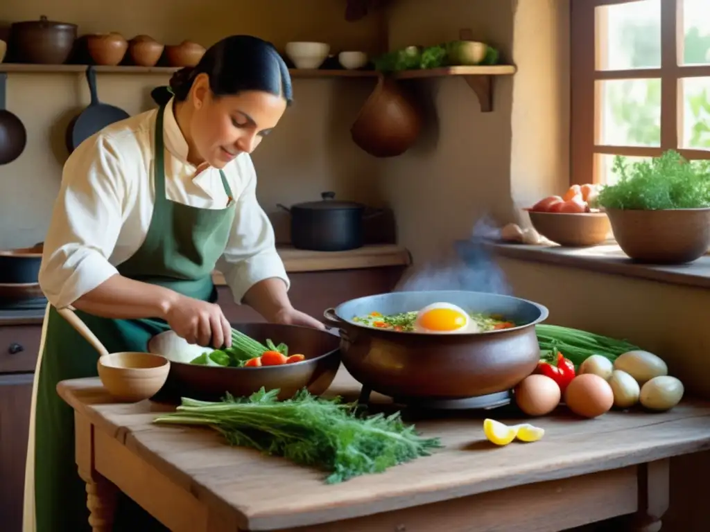 Escena de cocina antigua con técnica de escalfado Escena de cocina antigua con escalfado: Beneficios escalfado alimentos curativos