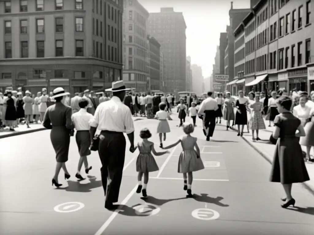 Fotografía en blanco y negro de una ciudad animada en los años 50, mostrando una acera llena de gente de todas las edades y tamaños