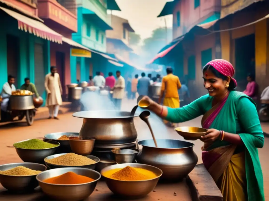 Escena callejera animada en India Escena callejera en India: Chai wallah sirviendo chai aromático, colores vibrantes y encuentros animados