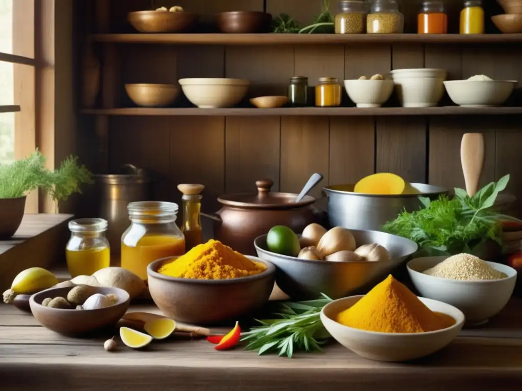 Escena de cocina tradicional con alimentos curativos: beneficios de los alimentos curativos tradicionales