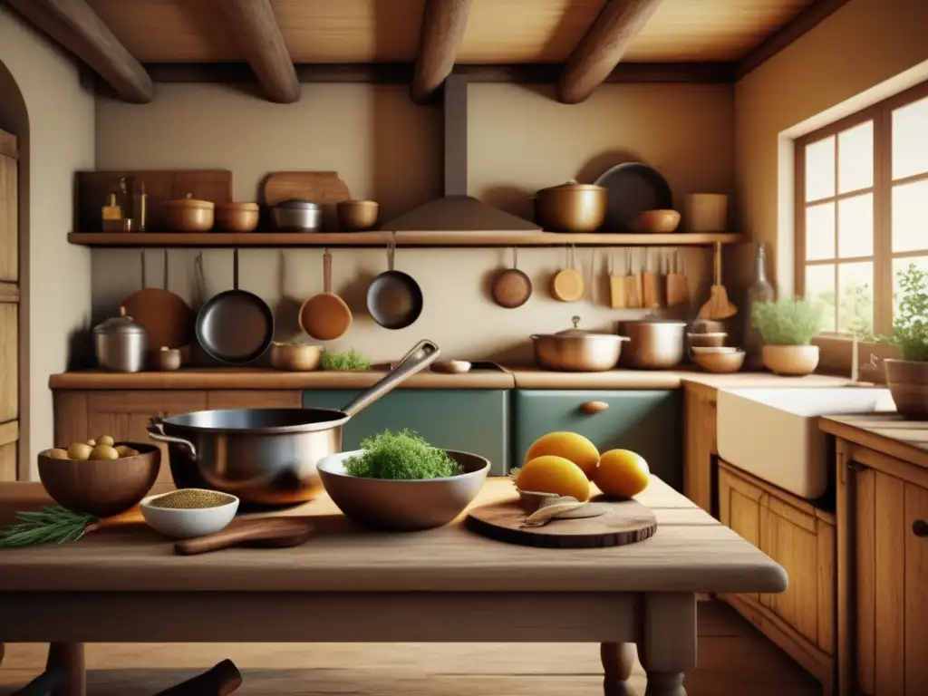 Cocina vintage con alimentos curativos tradicionales Alimentos curativos tradicionales en la cocina actual: Vintage kitchen scene with traditional healing foods
