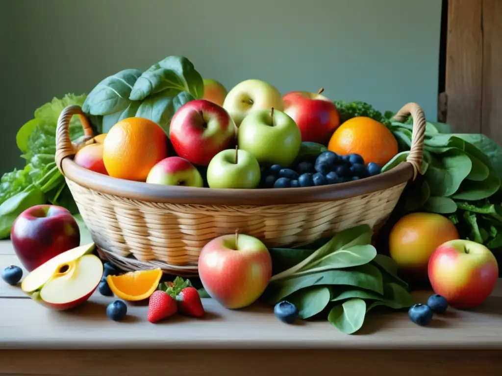 Cocina vintage con frutas y verduras frescas Cocina vintage con mesa de madera, frutas y verduras frescas