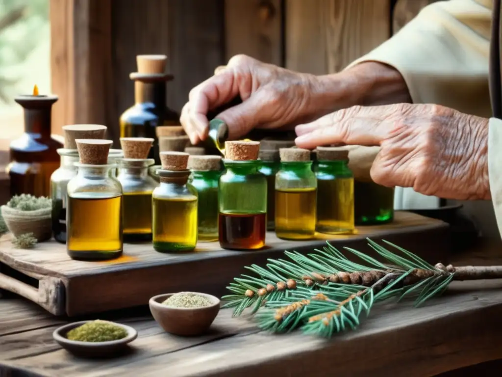 Antigua escena medicinal con aceite de pino Aceite de pino: beneficios salud respiratoria