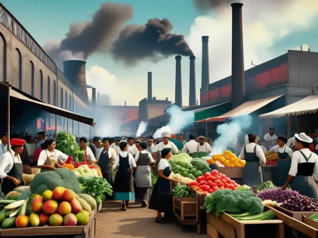 Revolución Industrial: Contraste entre industria y alimentos curativos Escena industrial Revolución Industrial: fábrica, trabajadores, mercado y alimentos curativos tradicionales
