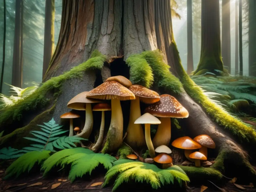 Bosque sereno con setas medicinales Beneficios hongos medicinales salud mental: bosque sereno, rayos luz, setas medicinales en árbol antiguo