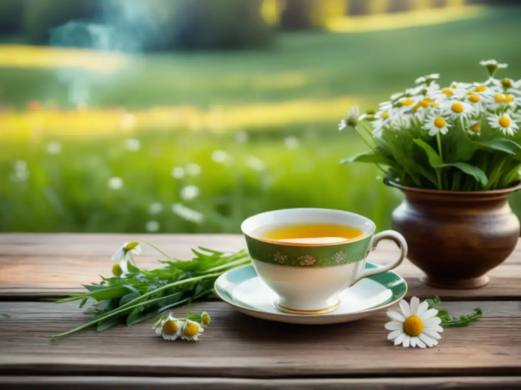 Escena serena en la naturaleza, alimentos curativos Alimentos curativos para estrés crónico: Escena serena en la naturaleza con taza de té de manzanilla, espinacas frescas y nueces
