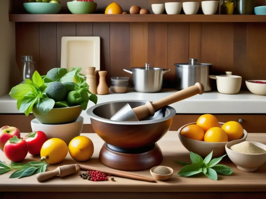 Cocina vintage con fusión culinaria Cocina vintage: mesa de madera, ingredientes y utensilios fusionados, mortero y libros de recetas