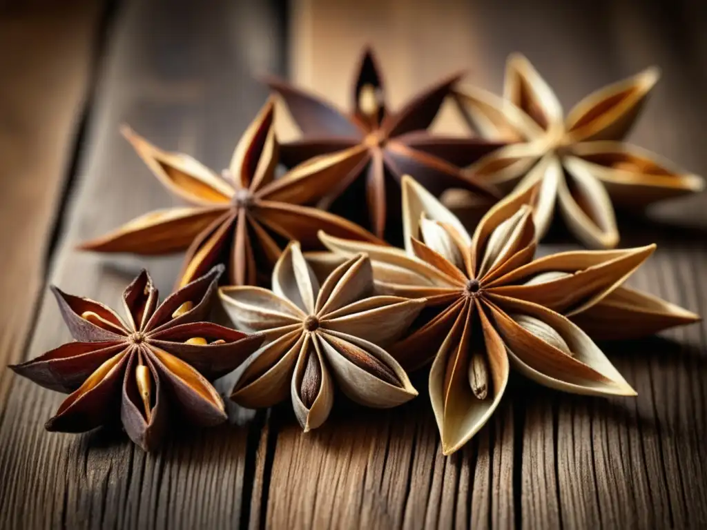Colección vintage de anís estrellado seco Beneficios curativos del anís estrellado en imagen vintage de pods secos en superficie de madera rústica