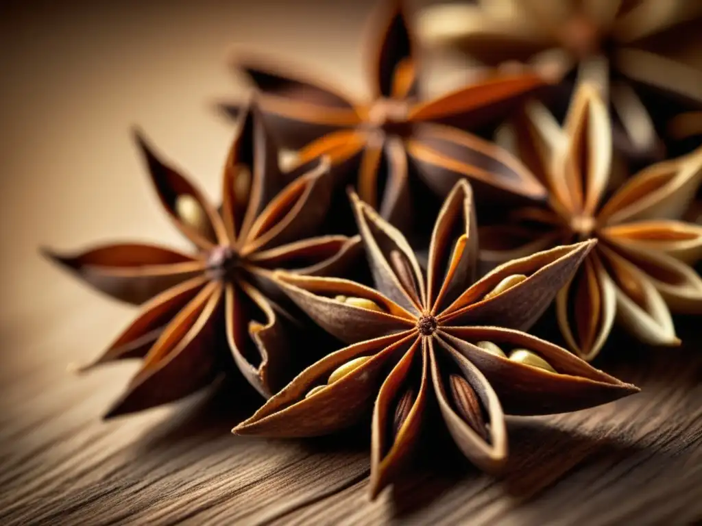 Detalle vintage de anís estrellado seco Beneficios curativos del anís estrellado - Closeup vintage de anís estrellado seco, con sus característicos podos en forma de estrella y color marrón