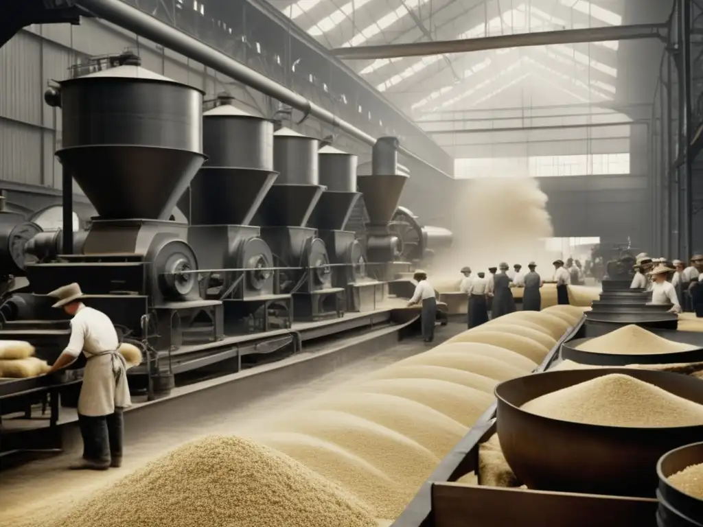 Escena industrial en fábrica siglo XIX Escena industrial en fábrica del siglo XIX: trabajadores procesan alimentos, máquinas gigantes, polvo en el aire