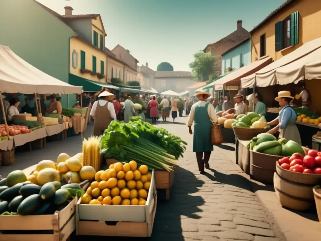 Mercado de agricultores con ingredientes frescos Beneficios de ingredientes frescos en curación: Mercado vintage con frutas, verduras y hierbas frescas iluminadas por el sol