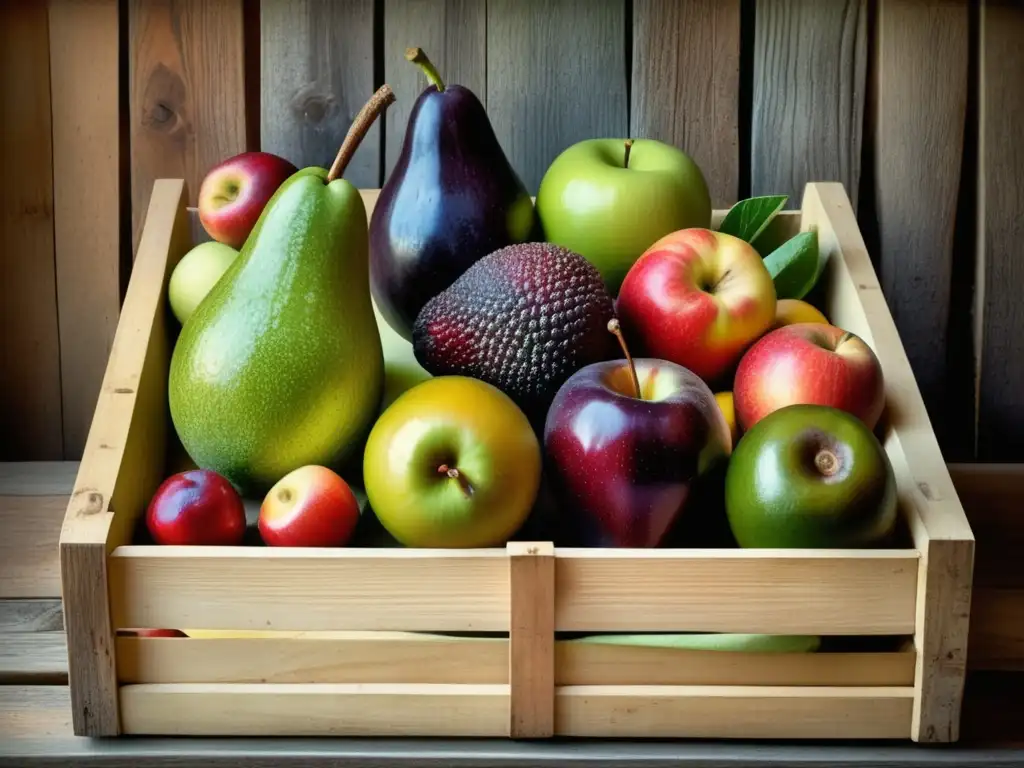 Fotografía vintage de frutas y verduras vibrantes en caja de madera Alimentos curativos para tratar psoriasis: fotografía vintage de frutas y verduras vibrantes en una caja rústica