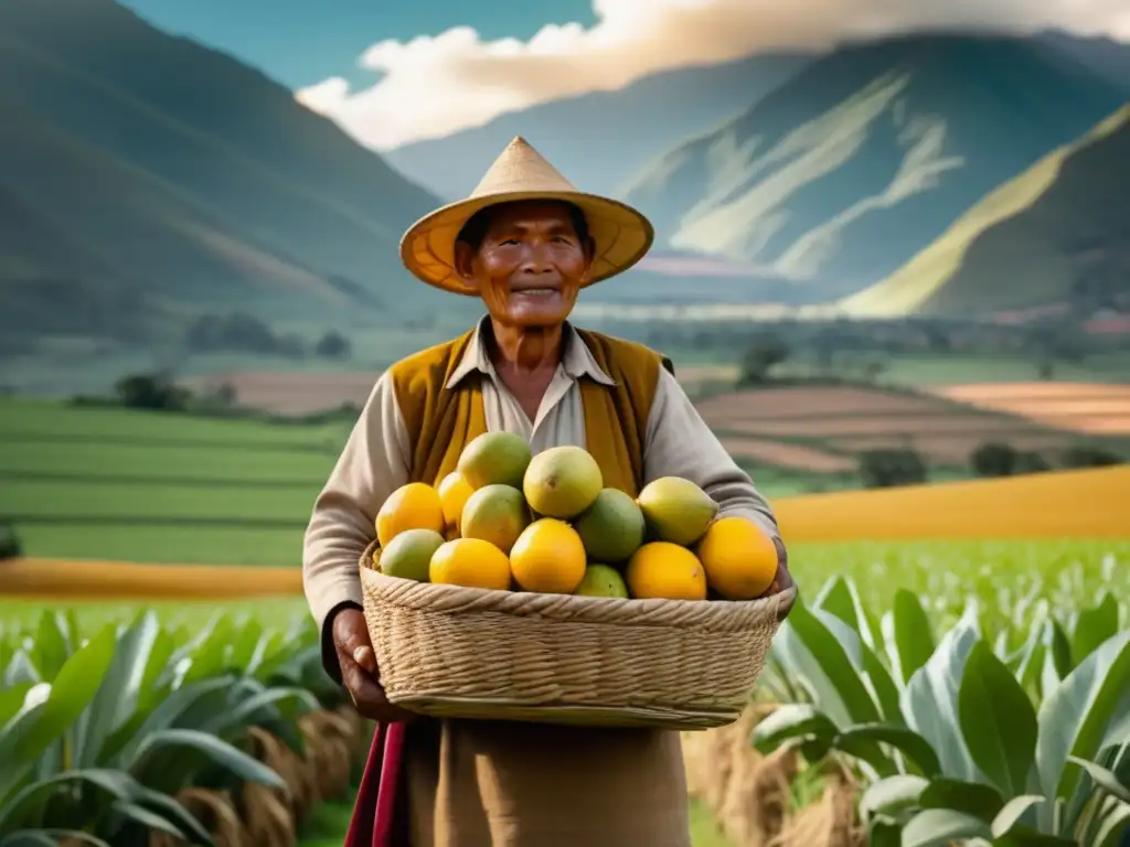 Agricultor andino con aguaymanto dorado Agricultor andino con cesta de aguaymanto: propiedades medicinales y belleza natural