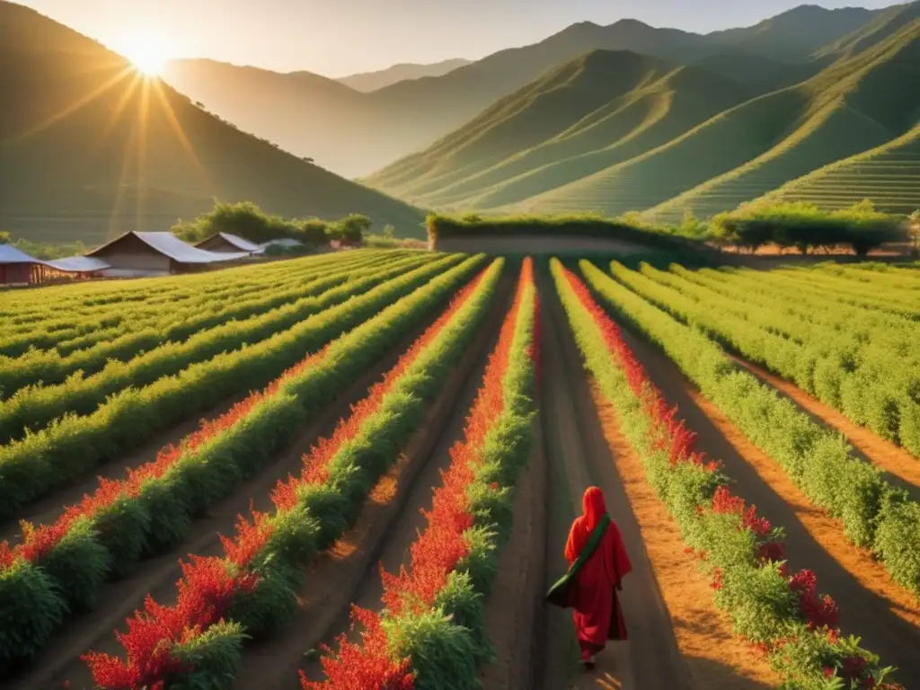 Granja exuberante de goji en Asia Plantación tradicional de bayas de Goji en Asia: beneficios y usos naturales