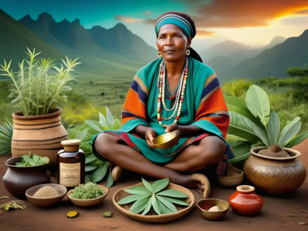 Sanador tradicional rodeado de plantas medicinales Healer tradicional de América creando recetas curativas con plantas medicinales - Beneficios y usos de las recetas curativas tradicionales de América