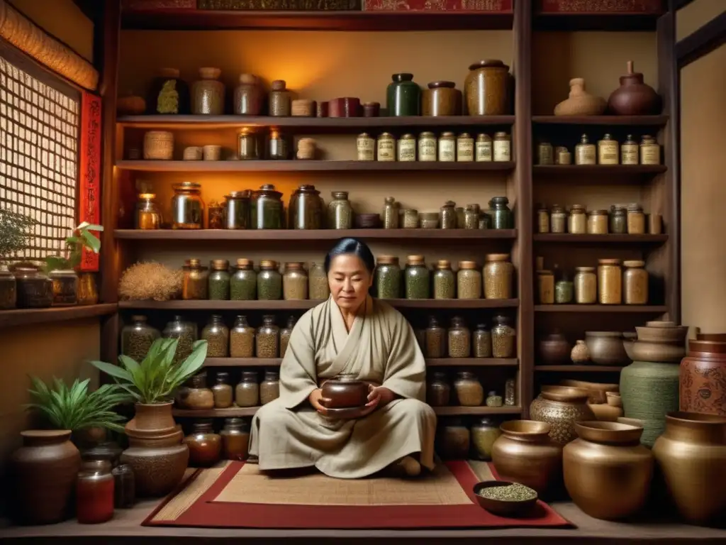 Antiguo herbolario en ambiente asiático Herbalista asiático en una habitación tradicional, mezclando hierbas y creando suplementos naturales