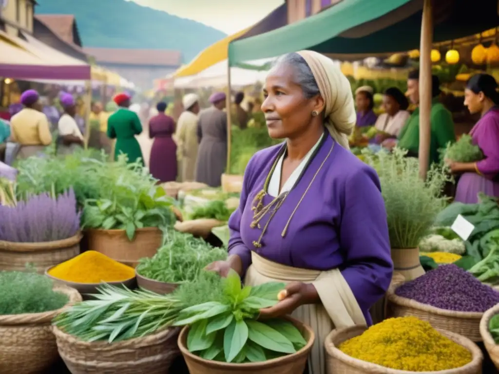 Mercado bullicioso con herborista y plantas medicinales Herbalista tradicional explica beneficios de plantas medicinales en mercado bullicioso - Medicina tradicional alimentos curativos