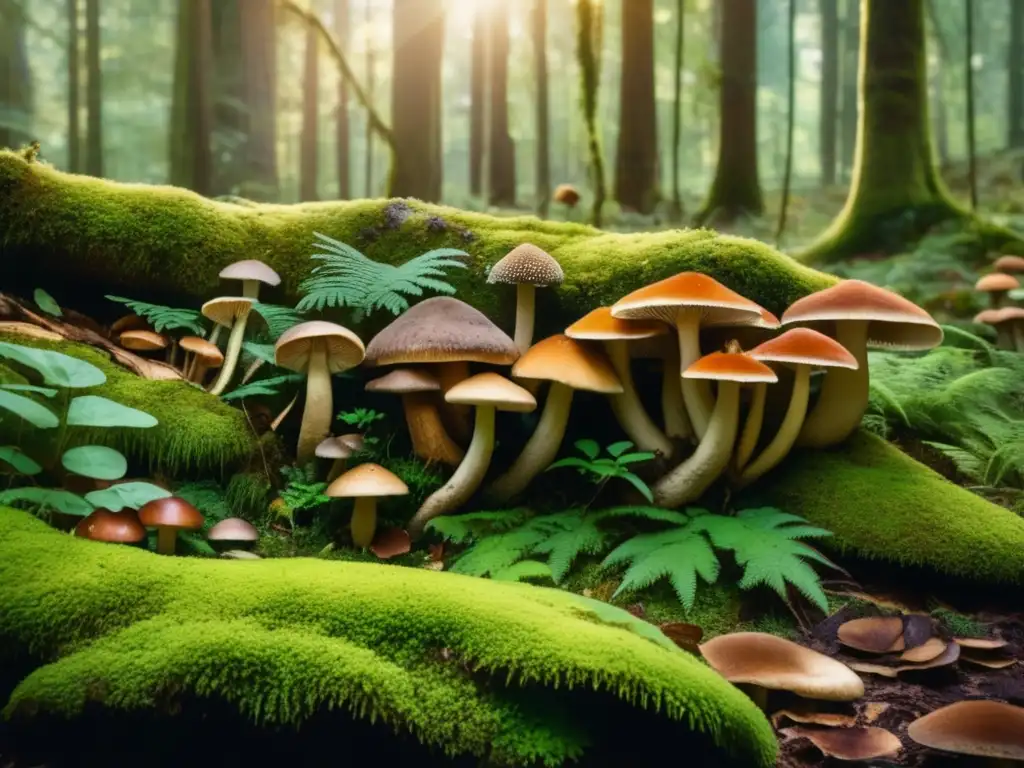 Medicinal mushrooms in lush forest Propiedades curativas de hongos medicinales en un bosque exuberante