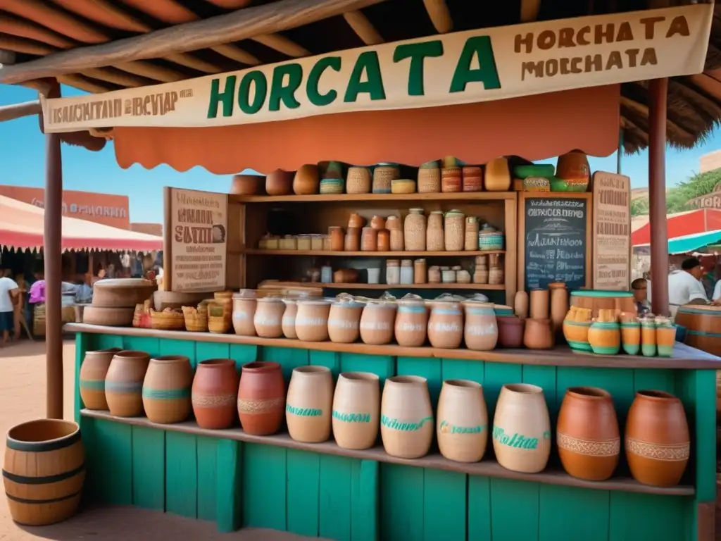 Horchata tradicional en mercado mexicano Horchata tradicional: Stall en mercado mexicano, jarras de barro y barriles de madera, variedad de sabores, horchatero preparando bebida cremosa