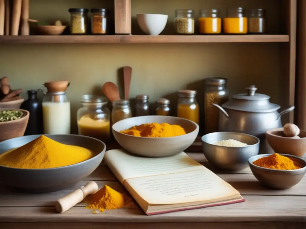 Cocina vintage con mesa de madera rústica, ingredientes curativos tradicionales como cúrcuma, jengibre, ajo, canela y hierbas