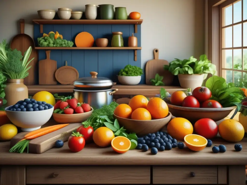 Cocina vintage con alimentos curativos Beneficios alimentos curativos tradicionales en escena de cocina vintage con mesa de madera, frutas, verduras, especias y remedios naturales
