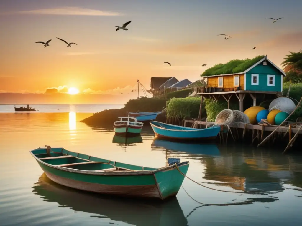 Escena costera al atardecer con barco pesquero, naturaleza y tranquilidad