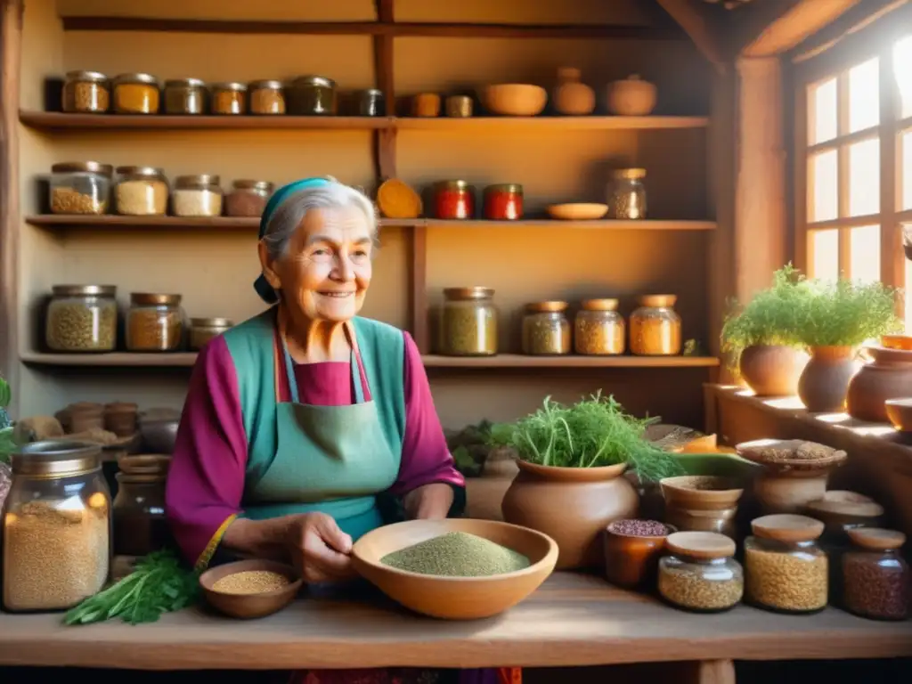 Mujer mayor en cocina rústica con alimentos curativos Mujer anciana en cocina rústica rodeada de alimentos curativos tradicionales para longevidad