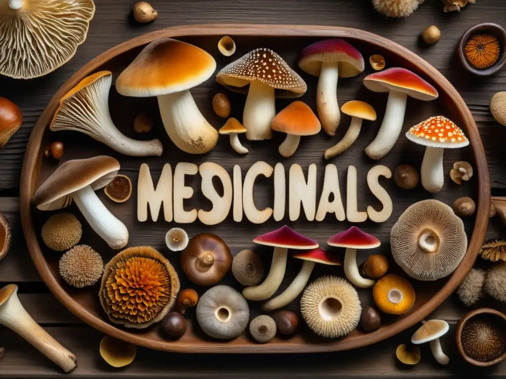 Mesa rústica con setas medicinales Riesgos y beneficios de hongos medicinales en una imagen detallada: mesa de madera rústica con variedad de hongos coloridos