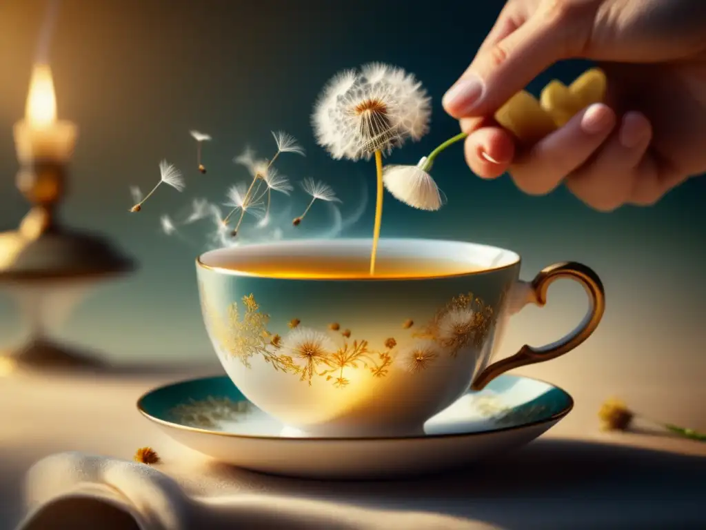 Taza de té de porcelana blanca con diente de león Té de diente de león: beneficios detox en imagen vintage