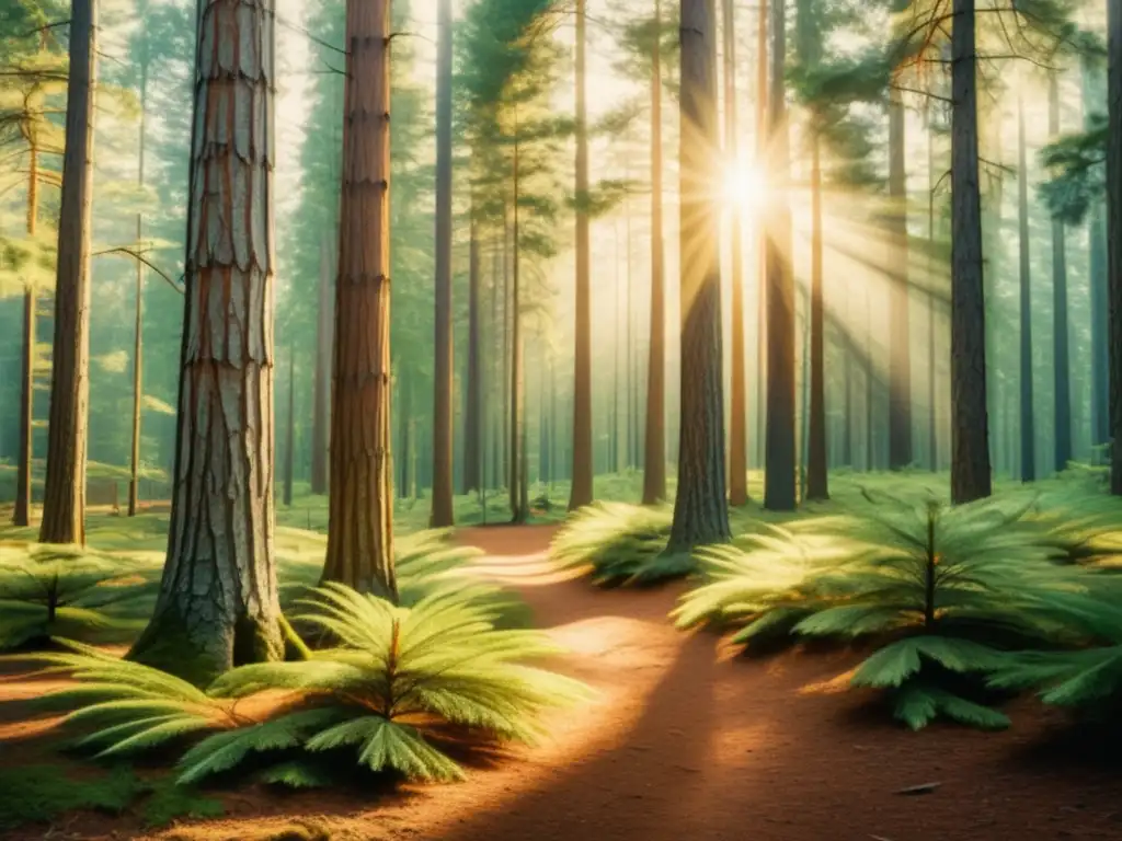 Bosque tranquilo con árboles altos y aceite de pino Escena forestal tranquila con aceite de pino: beneficios para la salud respiratoria