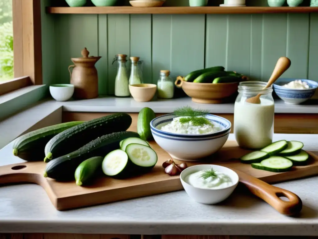 Cocina griega tradicional con Tzatziki casero Imagen de cocina griega tradicional con ingredientes frescos y utensilios