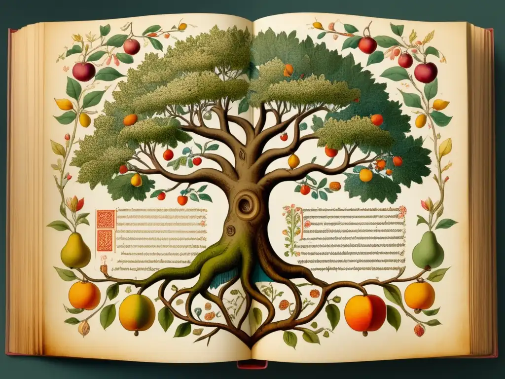 Manuscrito antiguo con ilustraciones míticas Ilustración detallada de manuscrito antiguo con árbol y criaturas míticas: Alimentos curativos en mitología ancestral