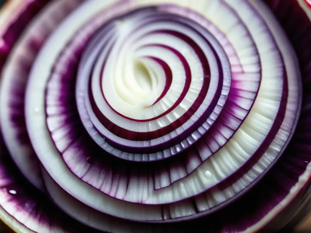 Detalle vibrante de una cebolla roja Imagen de cebolla roja revelando sus capas, texturas y beneficios medicinales