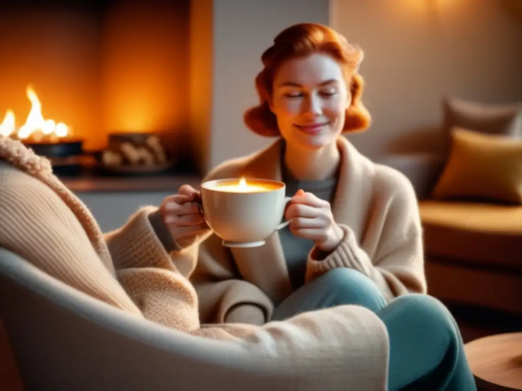 Té de jengibre para relajación y confort Persona disfrutando de té de jengibre en acogedor salón - Beneficios del jengibre para enfermedades respiratorias