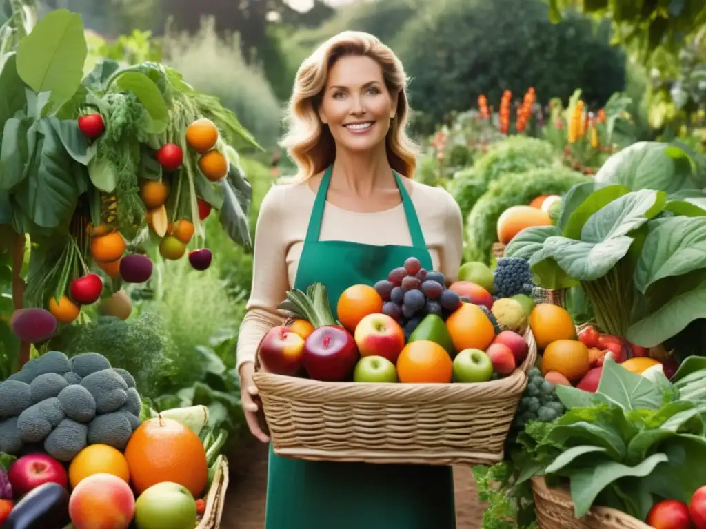 Beneficios de suplementos naturales para la salud Persona sosteniendo cesta de frutas y verduras coloridas en un jardín vibrante, resaltando beneficios de suplementos naturales para la salud