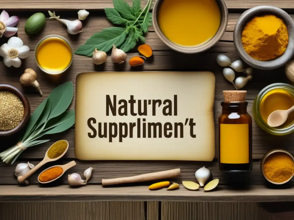Mesa con suplementos naturales Beneficios suplementos naturales salud integral: mesa vintage con suplementos de cúrcuma, ajo y jengibre en madera rústica