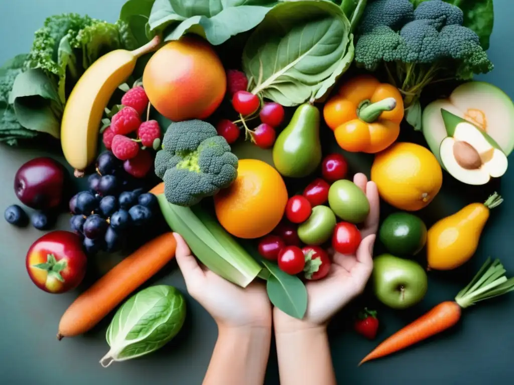 Campo_por_completar Beneficios de suplementos naturales saludables: mano sosteniendo frutas y verduras frescas y coloridas