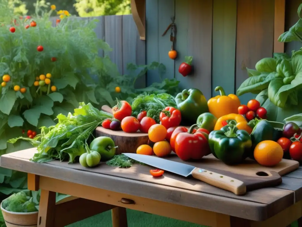 Jardín sereno con mesa de frutas y verduras Un jardín sereno y soleado con frutas, verduras y trepadoras