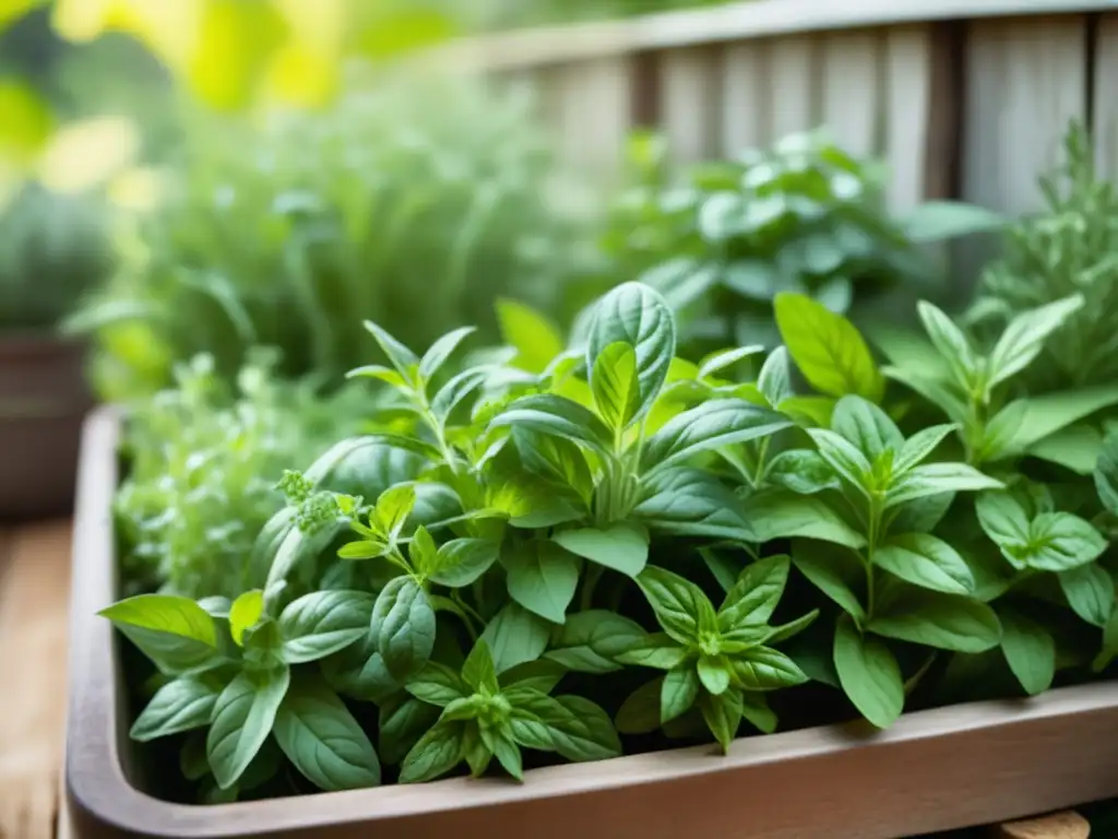 Hierbas frescas, poder curativo Beneficios de ingredientes frescos en curación: Jardín de hierbas vibrantes con colores y texturas, iluminado por el sol