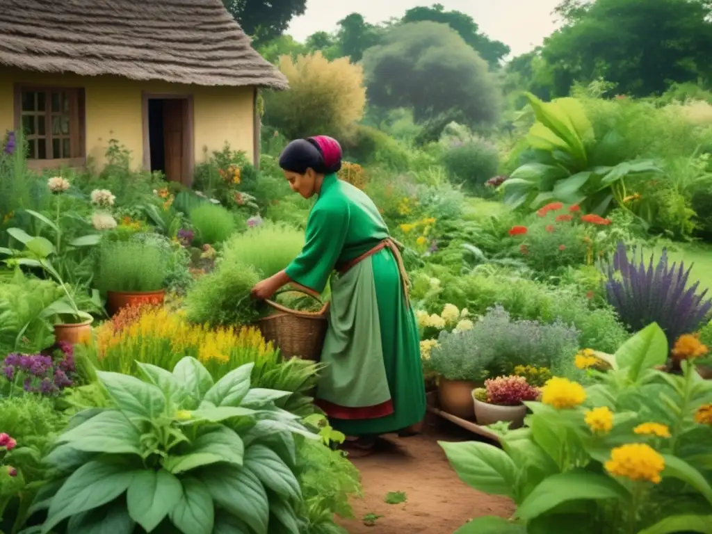 Jardín de hierbas curativas y tradicionales Beneficios de suplementos naturales para la salud integral: Jardín de hierbas curativas con persona recolectando