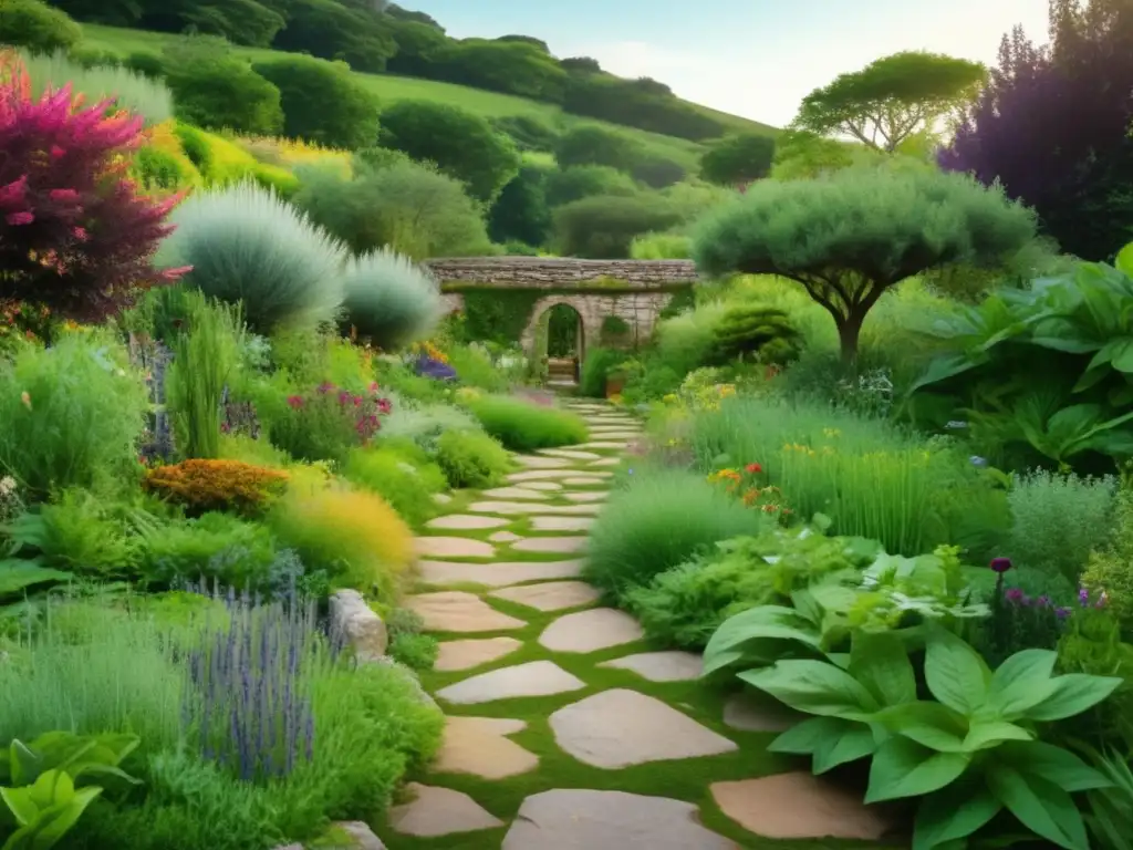 Jardín medicinal ancestral vibrante Jardín medicinal con plantas y hierbas, camino de piedra, historia de la medicina tradicional